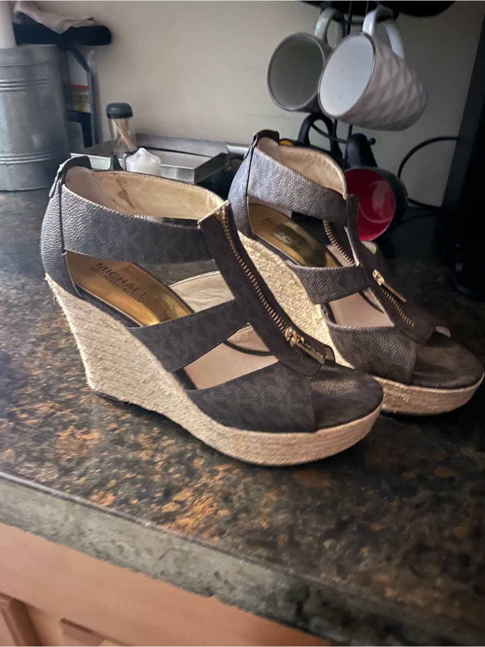 Michael Kors Dark Brown Strappy Espadrille Wedge Sandals